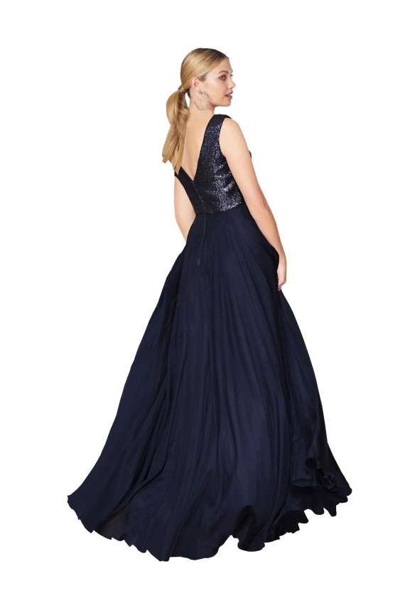 Affordable A-Line High Neck Soft Chiffon & Sequin Long Dark Navy Semi Formal Evening Dress Canada