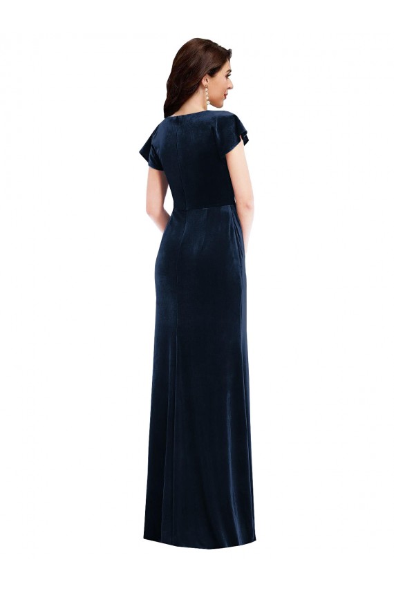 Affordable A-Line V-Neck Stretch Velvet Long Dark Navy Formal Dress Canada