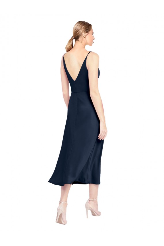 Affordable A-Line V-Neck Stretch Satin Midi Length Dark Navy Formal Evening Dress Canada