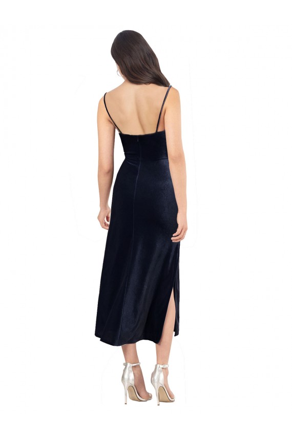 Affordable Column Cowl Neck Stretch Velvet Midi Length Dark Navy Formal Evening Dress Canada