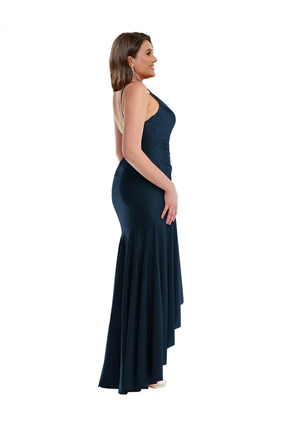 Affordable Mermaid Spaghetti Straps Silky Satin Long Dark Navy High Low Plus Size Evening Dress Canada