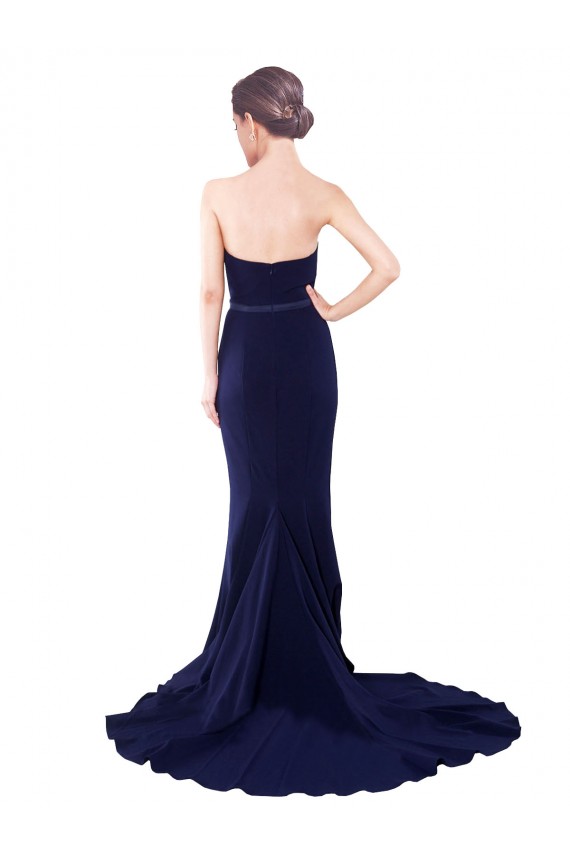 Affordable Mermaid Strapless Stretch Crepe Sweep Train Dark Navy Semi Formal Evening Dress Canada