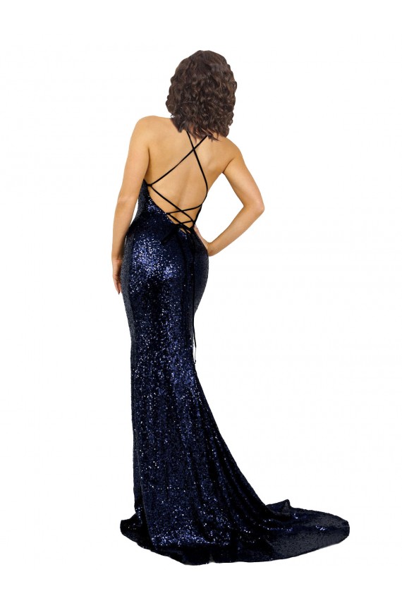 Affordable Mermaid V-Neck Sequin Long Dark Navy Formal Evening Dress Canada