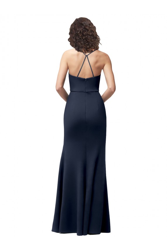 Affordable Sheath High Neck Stretch Crepe Long Dark Navy Formal Evening Dress Canada
