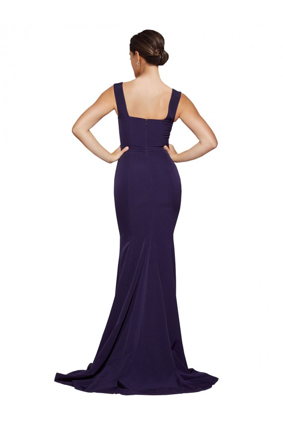 Affordable Sheath Square Neck Stretch Crepe Sweep Train Dark Navy Semi Formal Evening Dress Canada