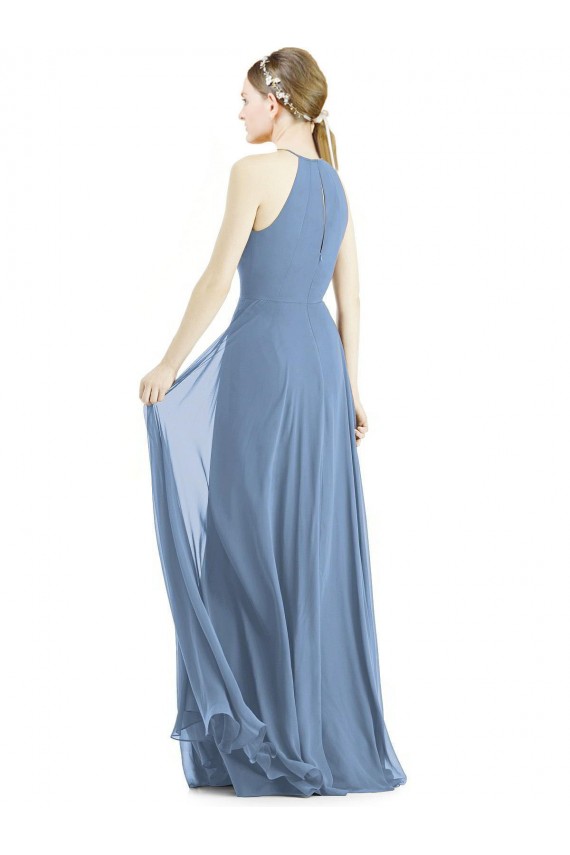 Affordable A-Line Halter Neck Soft Chiffon Long Dusty Blue Semi Formal Evening Dress Canada