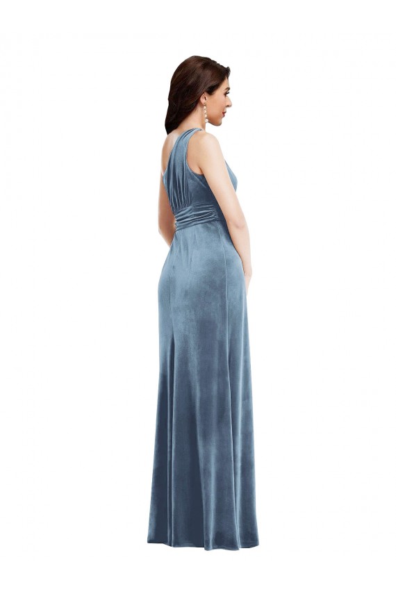 Affordable A-Line Off the Shoulder Stretch Velvet Long Dusty Blue Evening Dress Canada