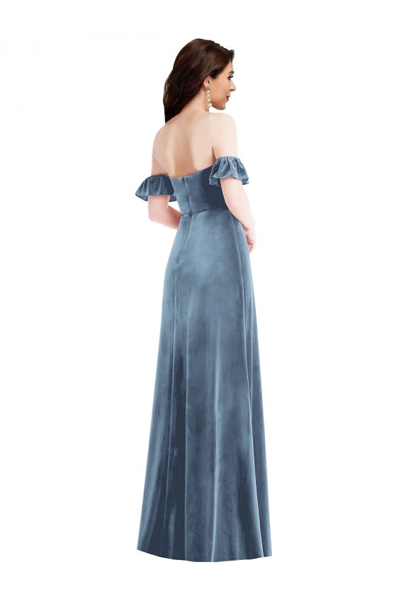 Affordable A-Line Off the Shoulder Stretch Velvet Long Dusty Blue Formal Dress Canada