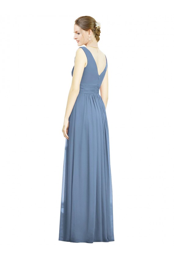 Affordable A-Line V-Neck Soft Chiffon Long Dusty Blue Semi Formal Evening Dress Canada