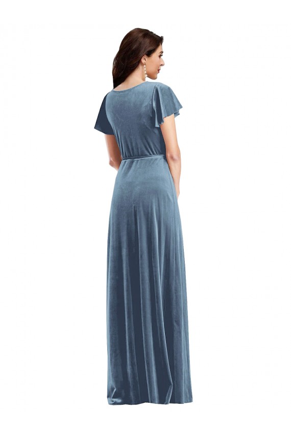 Affordable A-Line V-Neck Stretch Velvet Long Dusty Blue Black Tie Evening Dress Canada