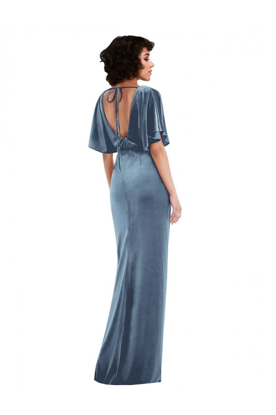 Affordable Sheath Stretch Velvet Long Dusty Blue Semi Formal Evening Dress Canada
