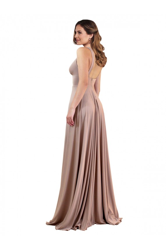 Affordable A-Line V-Neck Spandex Long Dusty Pink Black Tie Evening Dress Canada
