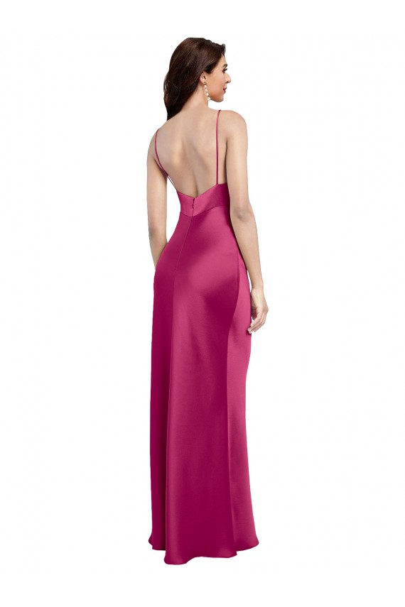 Affordable A-Line V-Neck Stretch Satin Long Fuchsia Formal Evening Dress Canada