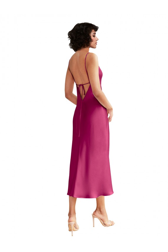Affordable A-Line V-Neck Stretch Satin Midi Length Fuchsia Formal Evening Dress Canada
