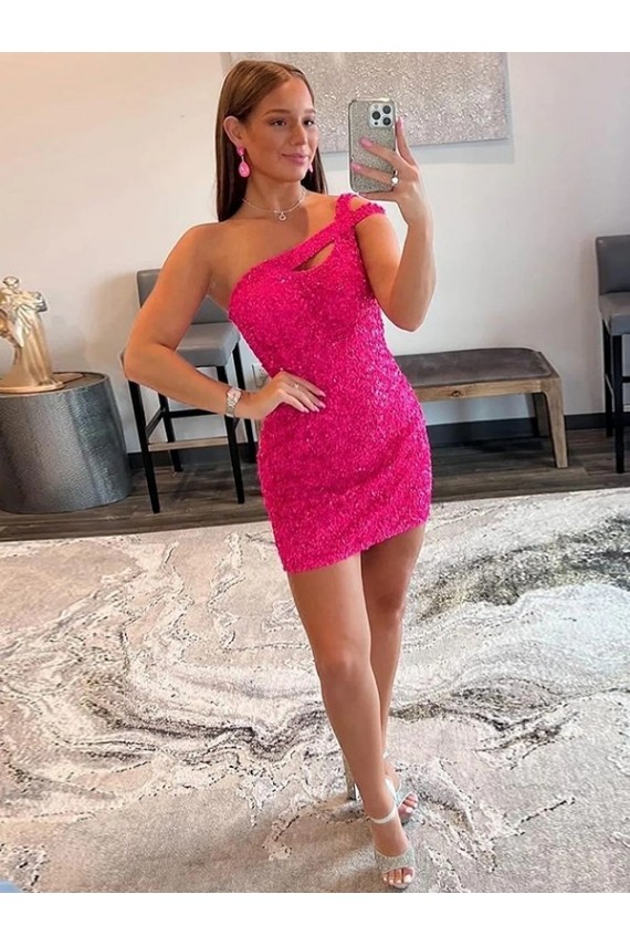 Affordable Sheath One Shoulder Velvet Sequins Short Fuchsia Velvet Sequin Evening Dress Canada