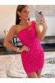 Affordable Sheath One Shoulder Velvet Sequins Short Fuchsia Velvet Sequin Evening Dress Canada