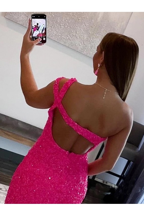 Affordable Sheath One Shoulder Velvet Sequins Short Fuchsia Velvet Sequin Evening Dress Canada