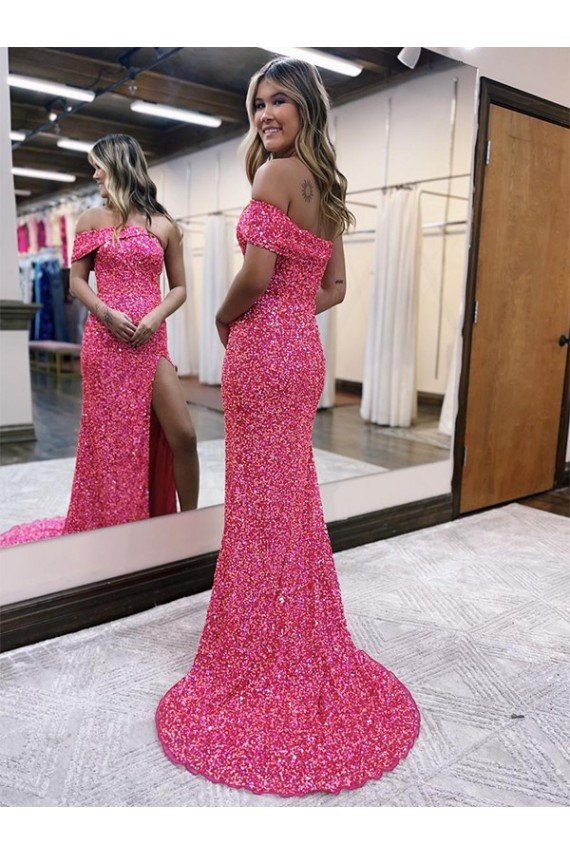 Affordable Sheath One Shoulder Velvet Sequins Sweep Train Fuchsia Velvet Sequin Evening Dress Canada