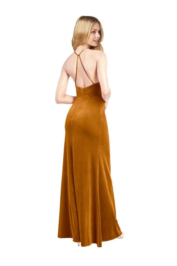 Affordable A-Line High Neck Stretch Velvet Long Gold Formal Evening Dress Canada