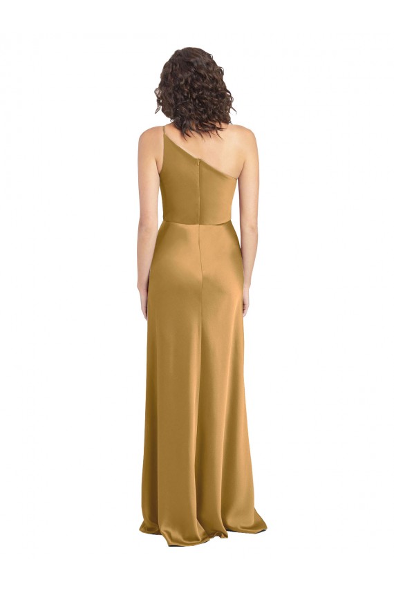 Affordable A-Line One Shoulder Stretch Satin Long Gold Formal Evening Dress Canada