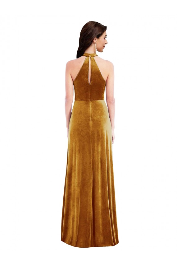 Affordable Trumpet High Neck Stretch Velvet Long Gold Semi Formal Evening Dress Canada
