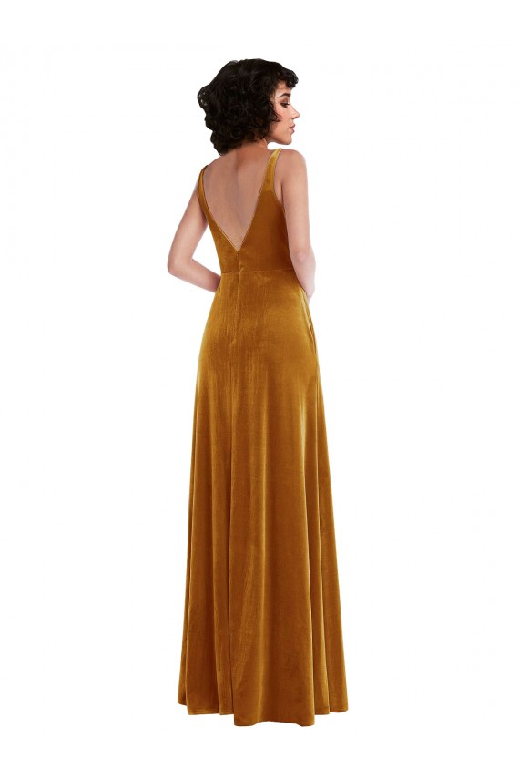 Affordable Trumpet V-Neck Stretch Velvet Long Gold Semi Formal Evening Dress Canada