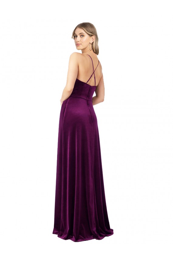Affordable A-Line V-Neck Stretch Velvet Long Grape Formal Evening Dress Canada