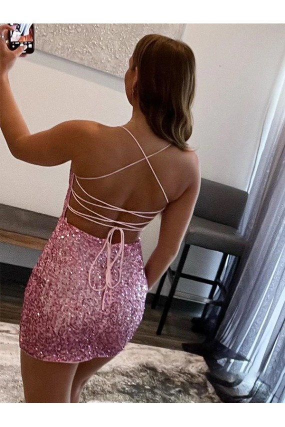Affordable Sheath Spaghetti Straps Velvet Sequins Short Hot Pink Velvet Sequin Evening Dress Canada