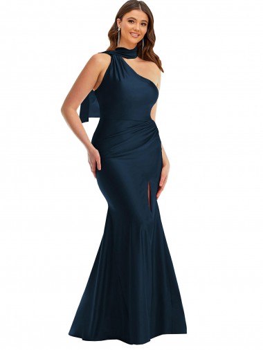 Affordable Mermaid Halter Neck Silky Satin Long Dark Navy Formal Plus Size Evening Dress Canada