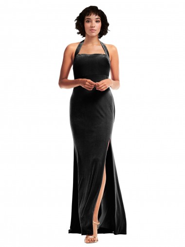 Affordable Mermaid Halter Neck Stretch Velvet Long Black Formal Evening Dress Canada