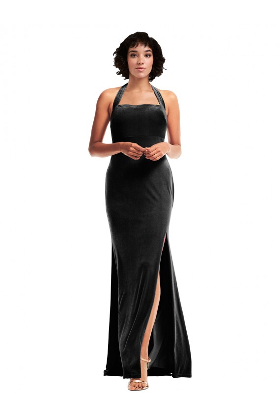 Affordable Mermaid Halter Neck Stretch Velvet Long Black Formal Evening Dress Canada