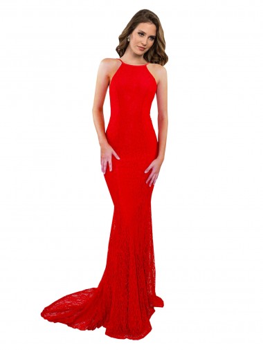 Affordable Mermaid High Neck Lace Long Red Formal Evening Dress Canada