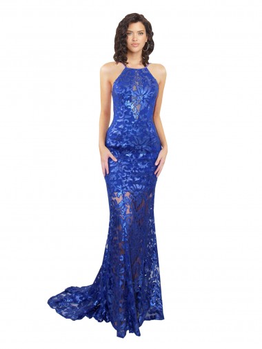 Affordable Mermaid High Neck Lace Long Royal Blue Semi Formal Evening Dress Canada