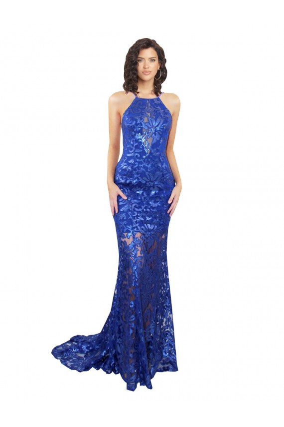 Affordable Mermaid High Neck Lace Long Royal Blue Semi Formal Evening Dress Canada