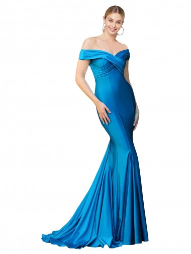 Affordable Mermaid High Neck Satin Long Peacock Blue Formal Evening Dress Canada