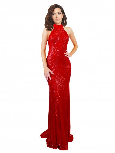 Affordable Mermaid High Neck Sequin Long Red Formal Evening Dress Canada
