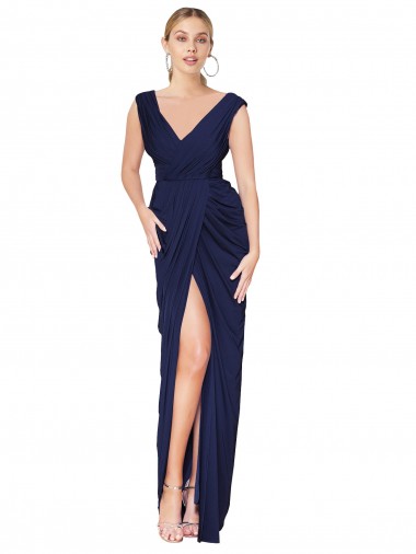 Affordable Mermaid High Neck Soft Chiffon Long Dark Navy Formal Evening Dress Canada