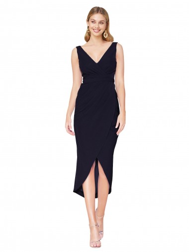 Affordable Mermaid High Neck Stretch Crepe Knee Length Dark Navy High Low Evening Dress Canada