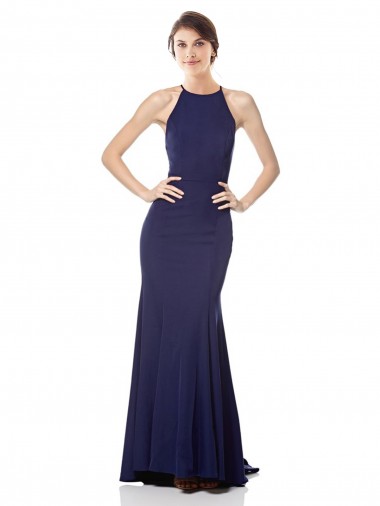 Affordable Mermaid High Neck Stretch Crepe Long Navy Blue Evening Dress Canada