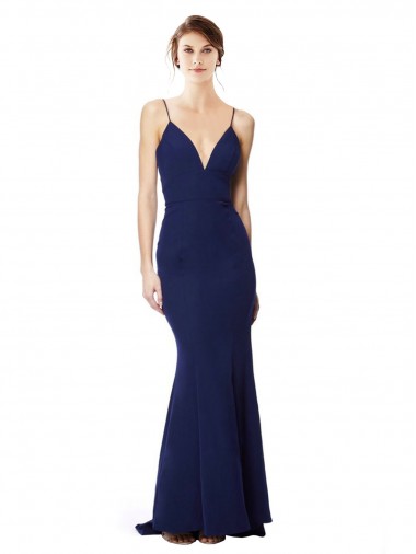 Affordable Mermaid High Neck Stretch Crepe Long Navy Blue Formal Dress Canada
