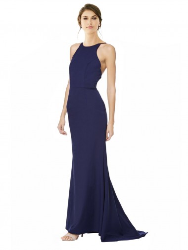 Affordable Mermaid High Neck Stretch Crepe Long Navy Blue Formal Evening Dress Canada