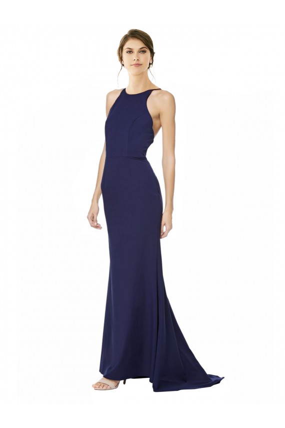 Affordable Mermaid High Neck Stretch Crepe Long Navy Blue Formal Evening Dress Canada