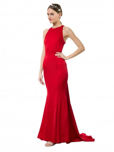 Affordable Mermaid High Neck Stretch Crepe Long Red Formal Evening Gowns Canada