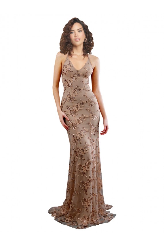 Affordable Mermaid High Neck Stretch Crepe & Sequin Tulle Long Rose Gold Formal Evening Dress Canada