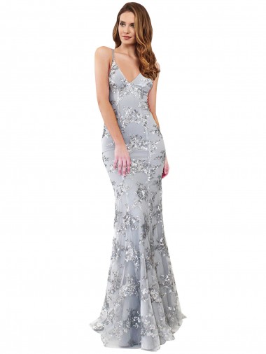 Affordable Mermaid High Neck Stretch Crepe & Sequin Tulle Long Silver Formal Evening Dress Canada