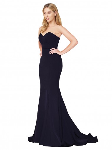 Affordable Mermaid High Neck Stretch Crepe Sweep Train Dark Navy Formal Evening Dress Canada