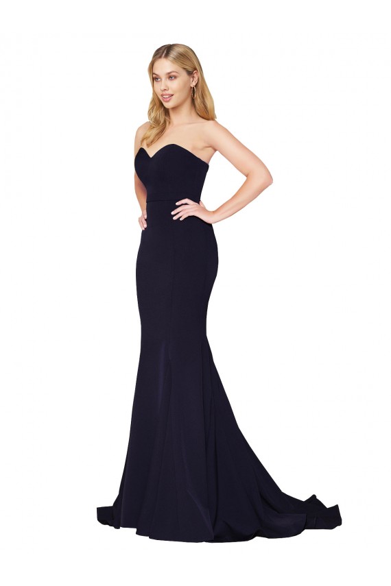 Affordable Mermaid High Neck Stretch Crepe Sweep Train Dark Navy Formal Evening Dress Canada
