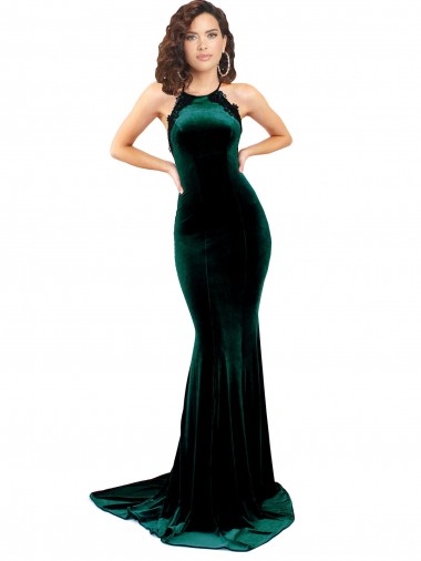 Affordable Mermaid High Neck Stretch Velvet Sweep Train Dark Green Formal Evening Dress Canada