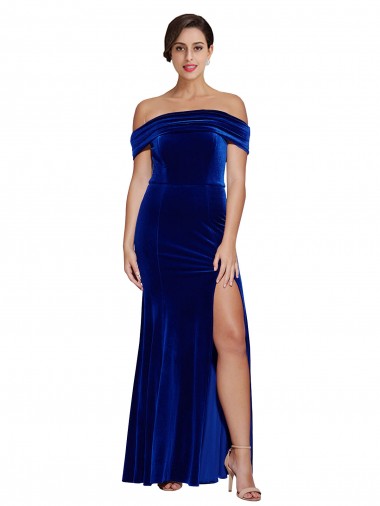 Affordable Mermaid Off the Shoulder Stretch Velvet Long Royal Blue Formal Evening Dress Canada