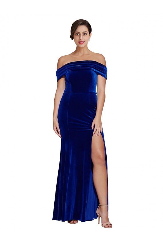 Affordable Mermaid Off the Shoulder Stretch Velvet Long Royal Blue Formal Evening Dress Canada